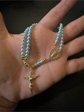 Blue Beaded Rosary Bracelet